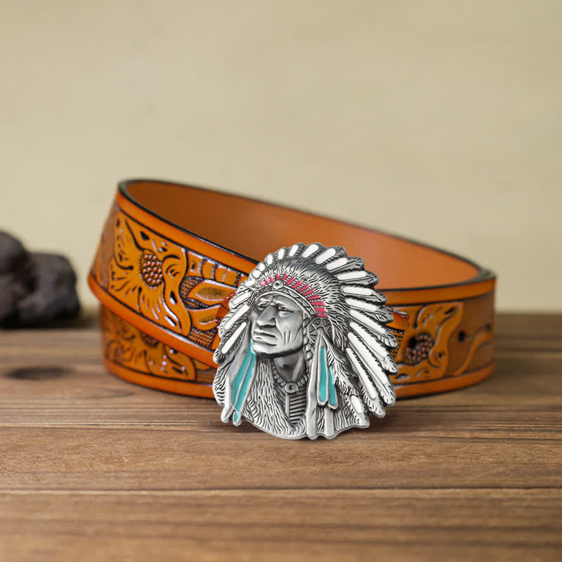 Men's DIY Colored Indian Chief Buckle Leather Belt - Antique Silver - Orange Carved Belt (40) - image 24