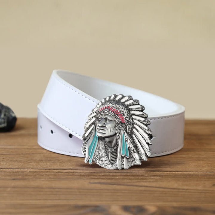 Men's DIY Colored Indian Chief Buckle Leather Belt - Antique Silver - White PU Belt (40) - image 9