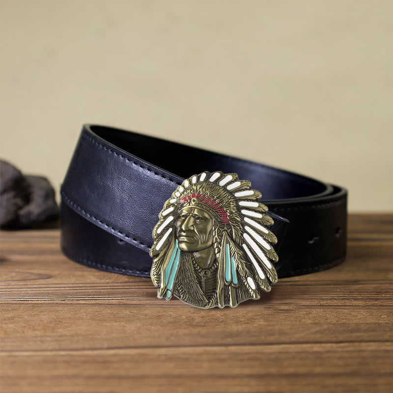 Men's DIY Colored Indian Chief Buckle Leather Belt - Antique Bronze - Black PU Belt (40) - image 7