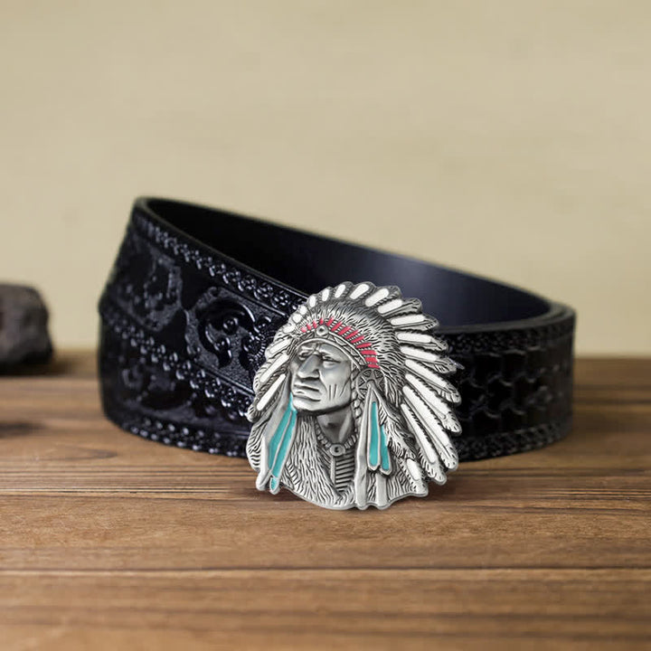 Men's DIY Colored Indian Chief Buckle Leather Belt - Antique Silver - Black Carved Belt (40) - image 15