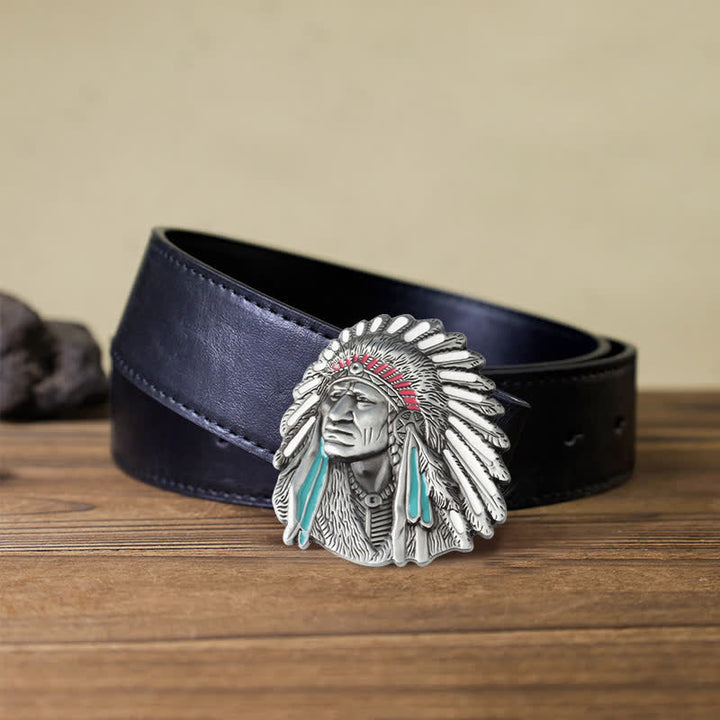 Men's DIY Colored Indian Chief Buckle Leather Belt - Antique Silver - Black PU Belt (40) - image 6