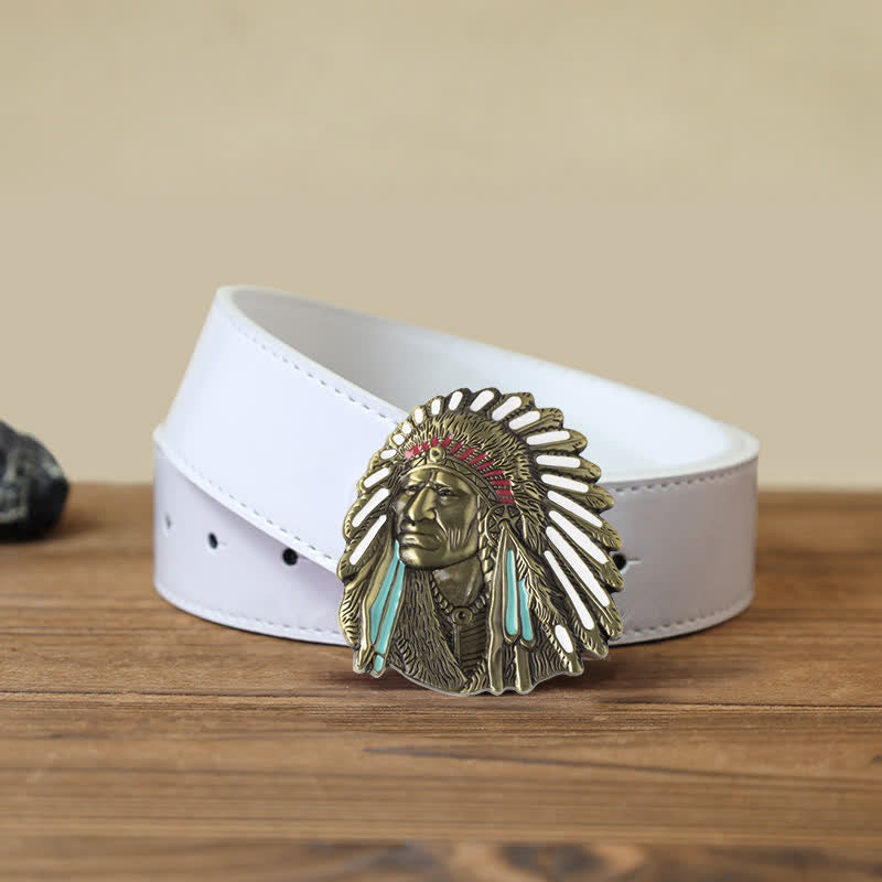 Men's DIY Colored Indian Chief Buckle Leather Belt - Antique Bronze - White PU Belt (40) - image 10