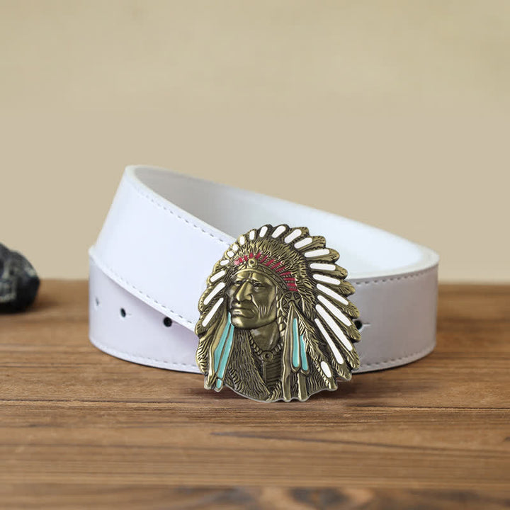Men's DIY Colored Indian Chief Buckle Leather Belt - Antique Bronze - White PU Belt (40) - image 10
