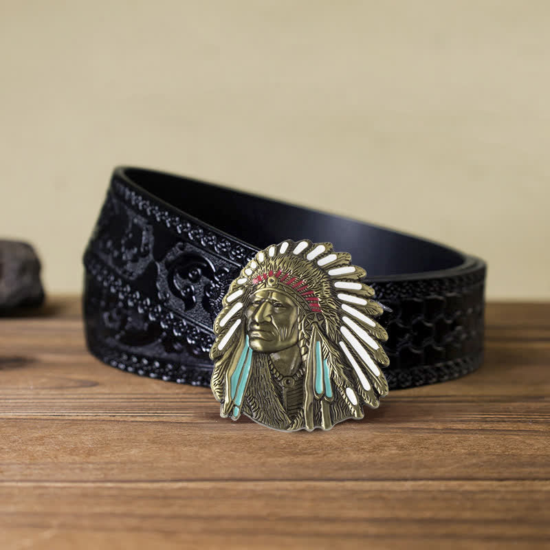 Men's DIY Colored Indian Chief Buckle Leather Belt - Antique Bronze - Black Carved Belt (40) - image 16