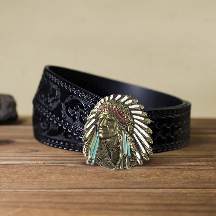 Men's DIY Colored Indian Chief Buckle Leather Belt - Antique Bronze - Black Carved Belt (40) - image 16
