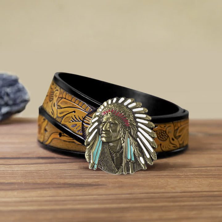 Men's DIY Colored Indian Chief Buckle Leather Belt - Antique Bronze - SandyBrown Belt (40) - image 22