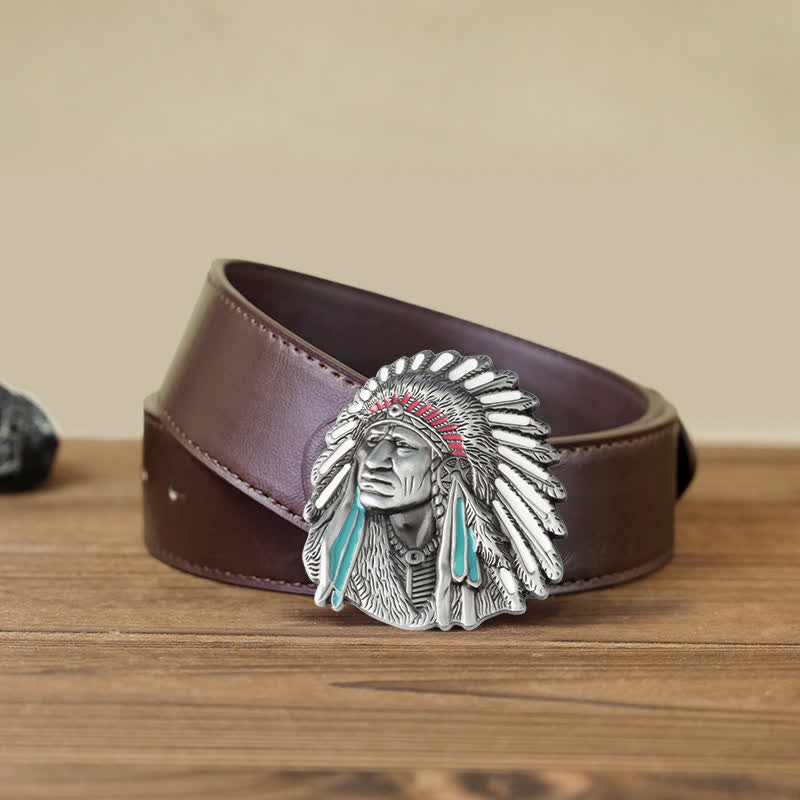Men's DIY Colored Indian Chief Buckle Leather Belt - Antique Silver - Brown PU Belt (40) - image 12