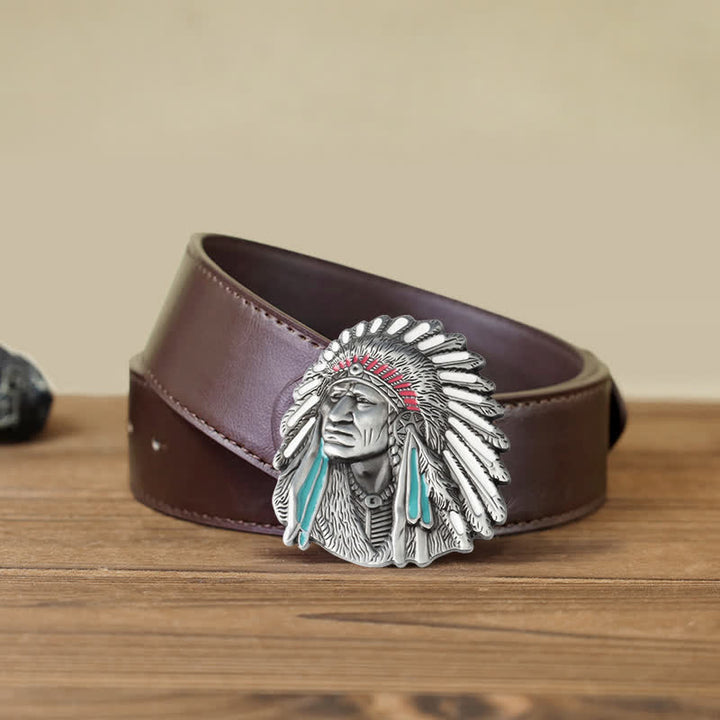 Men's DIY Colored Indian Chief Buckle Leather Belt - Antique Silver - Brown PU Belt (40) - image 12