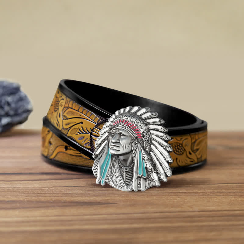 Men's DIY Colored Indian Chief Buckle Leather Belt - Antique Silver - SandyBrown Belt (40) - image 21