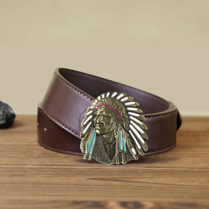 Men's DIY Colored Indian Chief Buckle Leather Belt - Antique Bronze - Brown PU Belt (40) - image 13