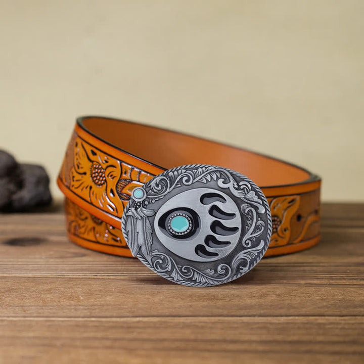 Men's DIY Blue Enamel Bear Paw Buckle Leather Belt - Bear Paw - Orange Carved Belt (40) - image 17