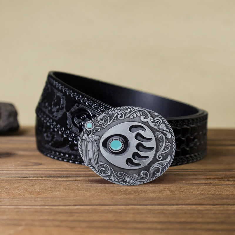 Men's DIY Blue Enamel Bear Paw Buckle Leather Belt - Bear Paw - Black Carved Belt (40) - image 11