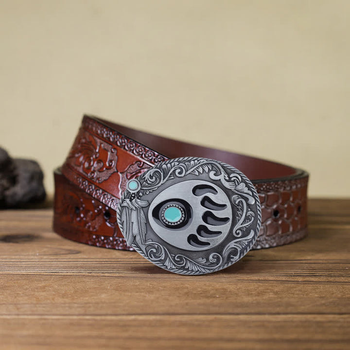 Men's DIY Blue Enamel Bear Paw Buckle Leather Belt - Bear Paw - Brown Carved Belt (40) - image 13