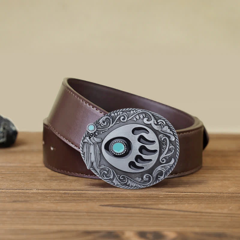 Men's DIY Blue Enamel Bear Paw Buckle Leather Belt - Bear Paw - Brown PU Belt (40) - image 9