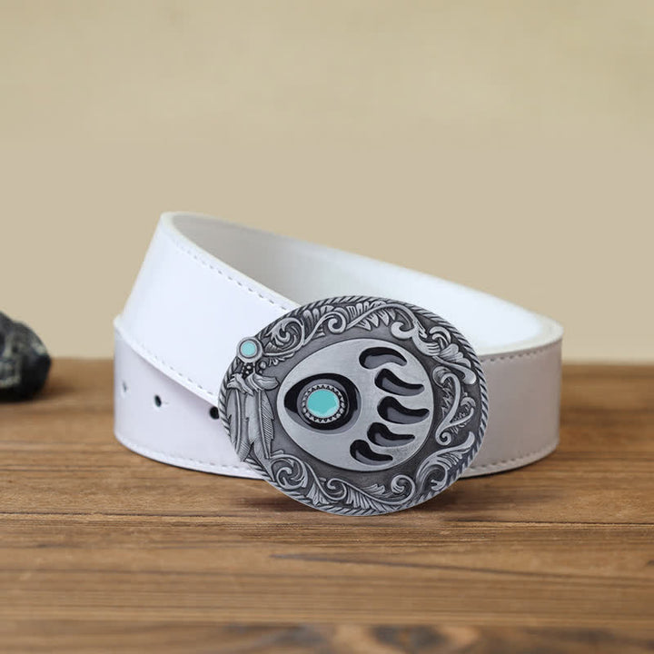 Men's DIY Blue Enamel Bear Paw Buckle Leather Belt - Bear Paw - White PU Belt (40) - image 7