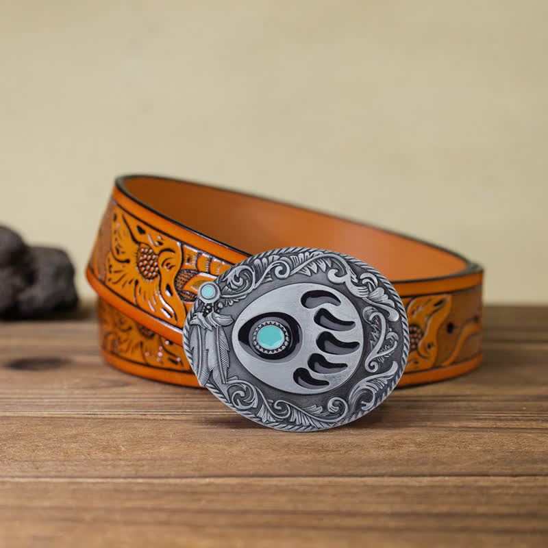 Men's DIY Blue Enamel Bear Paw Buckle Leather Belt - Bear Paw - Orange Carved Belt (40) - image 17