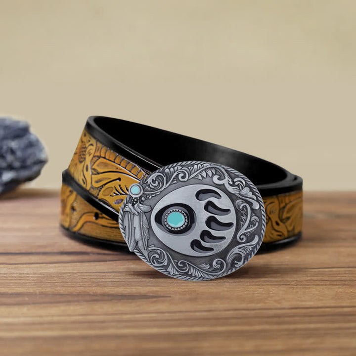 Men's DIY Blue Enamel Bear Paw Buckle Leather Belt - Bear Paw - SandyBrown Belt (40) - image 15