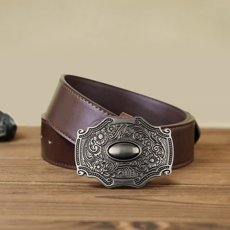 Men's DIY Engraved Floral Decor Buckle Leather Belt - Floral - Brown PU Belt (40) - image 6
