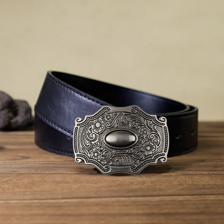 Men's DIY Engraved Floral Decor Buckle Leather Belt - Floral - Black PU Belt (40) - image 2