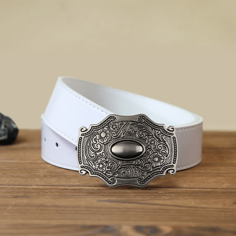 Men's DIY Engraved Floral Decor Buckle Leather Belt - Floral - White PU Belt (40) - image 4
