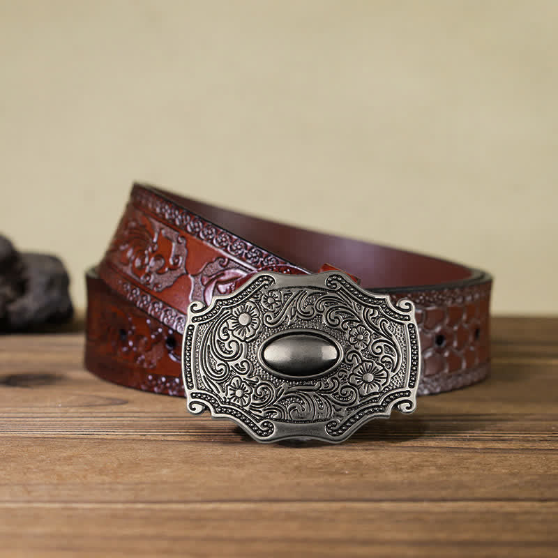 Men's DIY Engraved Floral Decor Buckle Leather Belt - Floral - Brown Carved Belt (40)h) - image 10