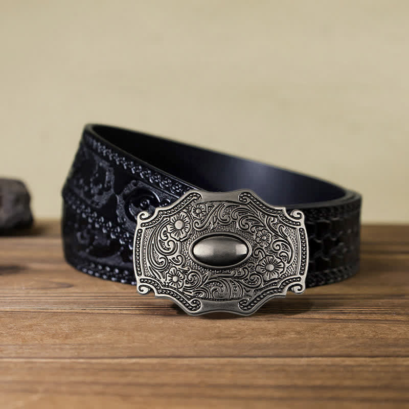 Men's DIY Engraved Floral Decor Buckle Leather Belt - Floral - Black Carved Belt (40) - image 8