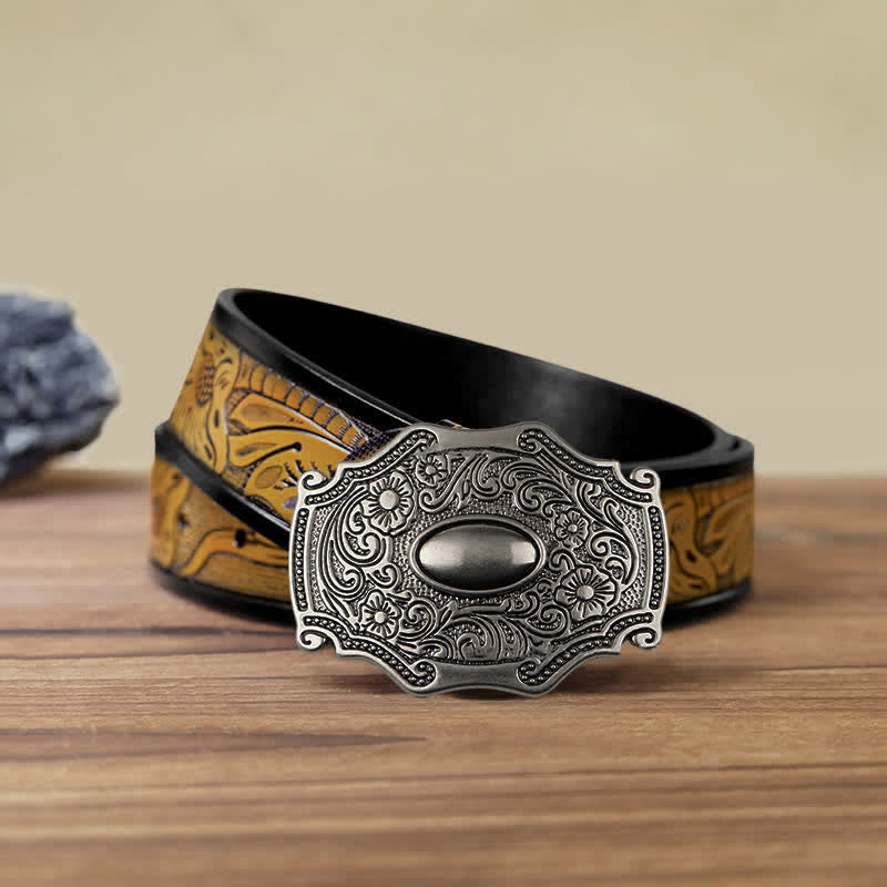 Men's DIY Engraved Floral Decor Buckle Leather Belt - Floral - SandyBrown Belt (40)) - image 12