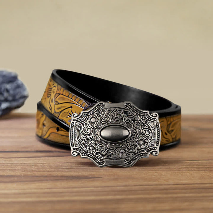 Men's DIY Engraved Floral Decor Buckle Leather Belt - Floral - SandyBrown Belt (40)) - image 12