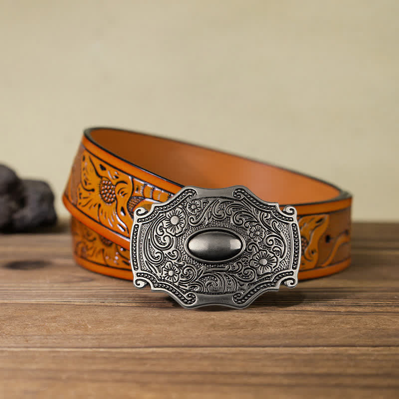Men's DIY Engraved Floral Decor Buckle Leather Belt - Floral - Orange Carved Belt (40)) - image 14