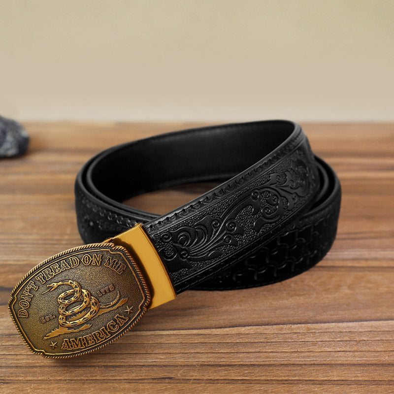 Men's DIY Snake Attitude Automatic Buckle Leather Belt - Antique Bronze - Black Carved Pattern Belt (40) - image 5