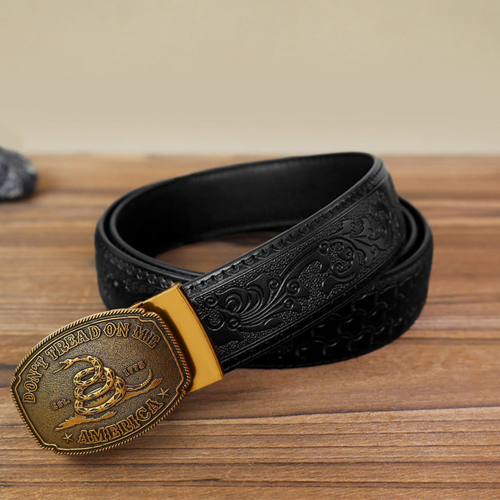 Men's DIY Snake Attitude Automatic Buckle Leather Belt - Antique Bronze - Black Carved Pattern Belt (40) - image 5