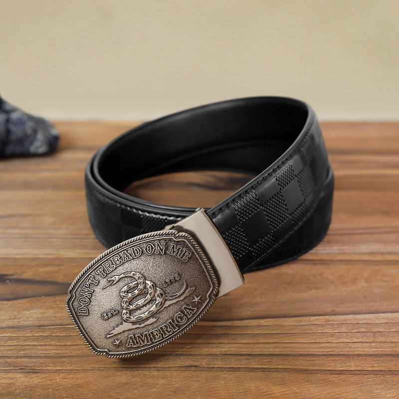 Men's DIY Snake Attitude Automatic Buckle Leather Belt - Antique Silver - Black Checked Pattern Belt (40) - image 13