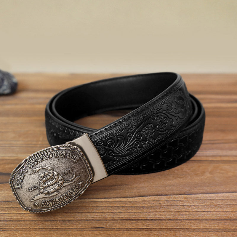 Men's DIY Snake Attitude Automatic Buckle Leather Belt - Antique Silver - Black Carved Pattern Belt (40) - image 12