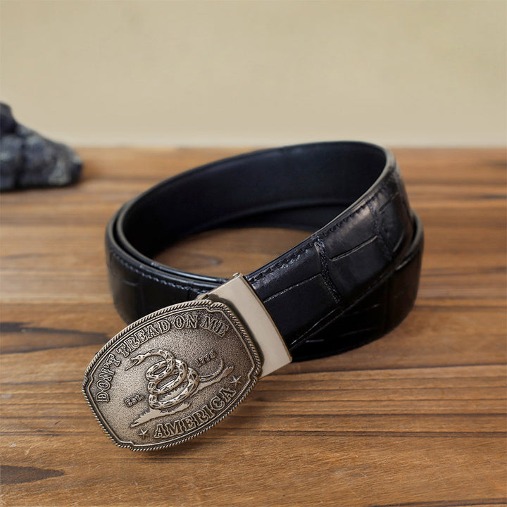 Men's DIY Snake Attitude Automatic Buckle Leather Belt - Antique Silver - Black Crocodile Pattern Belt (40) - image 9