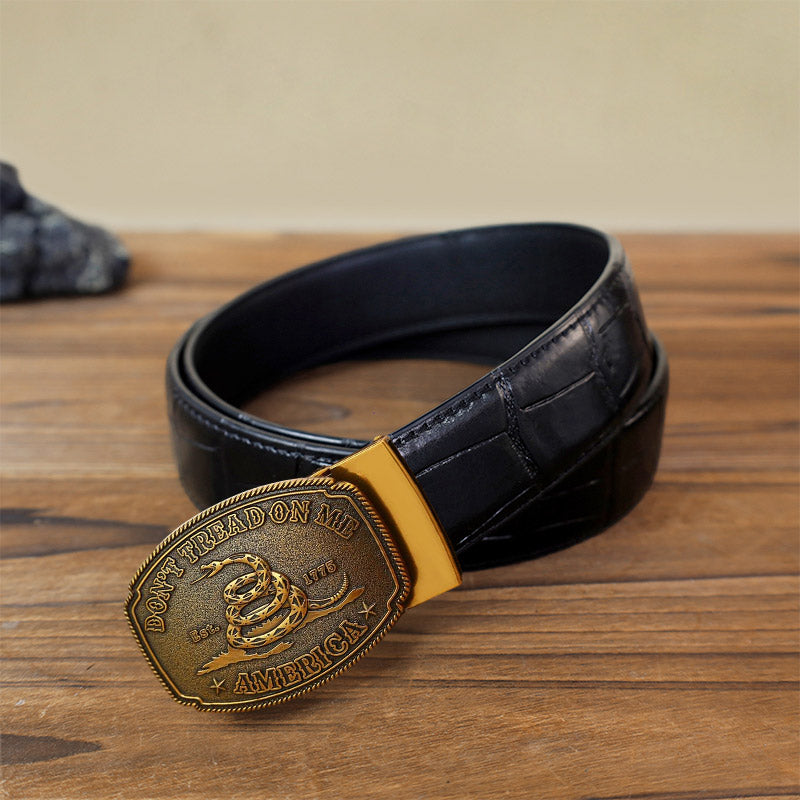 Men's DIY Snake Attitude Automatic Buckle Leather Belt - Antique Bronze - Black Crocodile Pattern Belt (40) - image 2