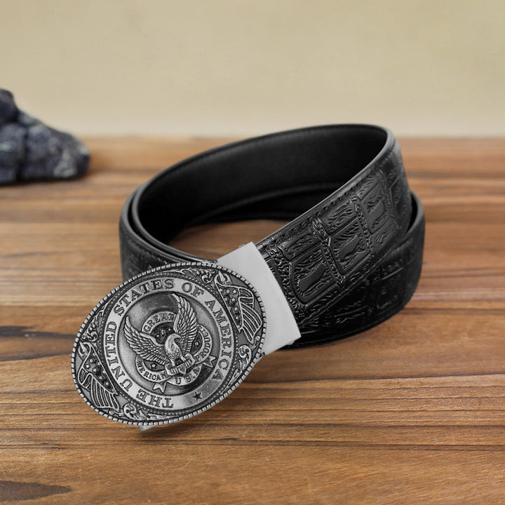 Men's DIY USA Eagle Flag Automatic Buckle Leather Belt - Antique Silver - Black Snake Pattern Belt (40) - image 3