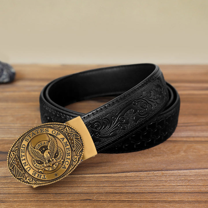 Men's DIY USA Eagle Flag Automatic Buckle Leather Belt - Antique Bronze - Black Carved Pattern Belt (40) - image 15