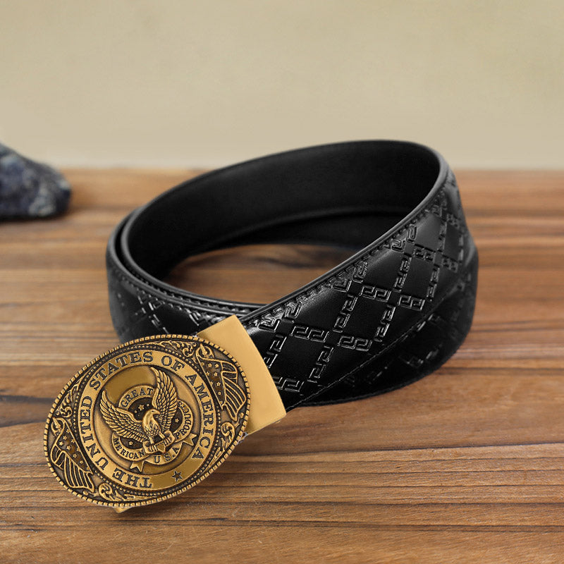 Men's DIY USA Eagle Flag Automatic Buckle Leather Belt - Antique Bronze - Black Diamond Pattern Belt (40) - image 13