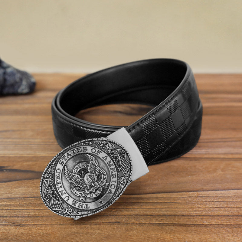Men's DIY USA Eagle Flag Automatic Buckle Leather Belt - Antique Silver - Black Checked Pattern Belt (40) - image 5