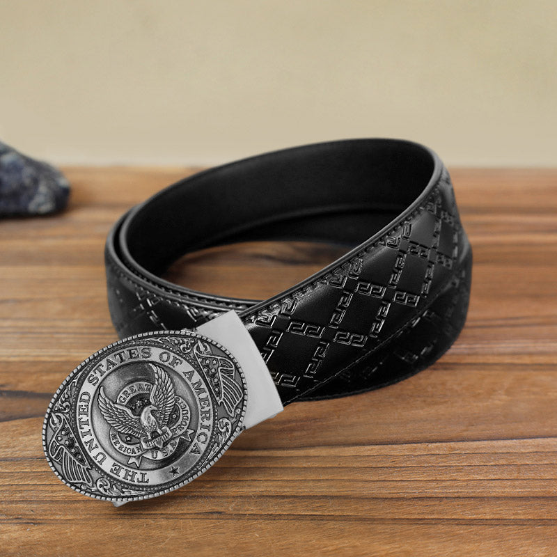 Men's DIY USA Eagle Flag Automatic Buckle Leather Belt - Antique Silver - Black Diamond Pattern Belt (40) - image 2