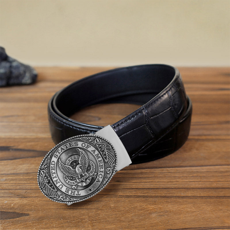 Men's DIY USA Eagle Flag Automatic Buckle Leather Belt - Antique Silver - Black Crocodile Pattern Belt (40) - image 1
