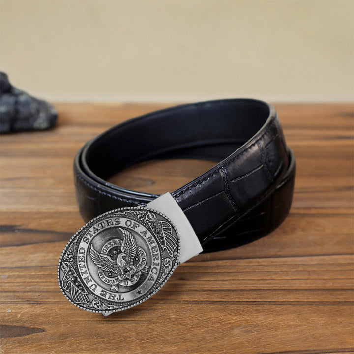 Men's DIY USA Eagle Flag Automatic Buckle Leather Belt - Antique Silver - Black Crocodile Pattern Belt (40) - image 1