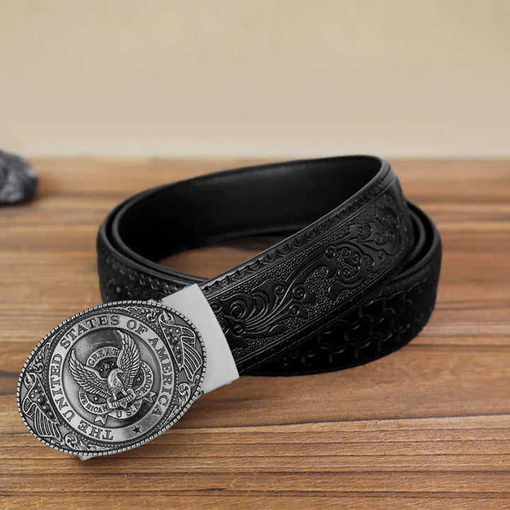 Men's DIY USA Eagle Flag Automatic Buckle Leather Belt - Antique Silver - Black Carved Pattern Belt (40) - image 4