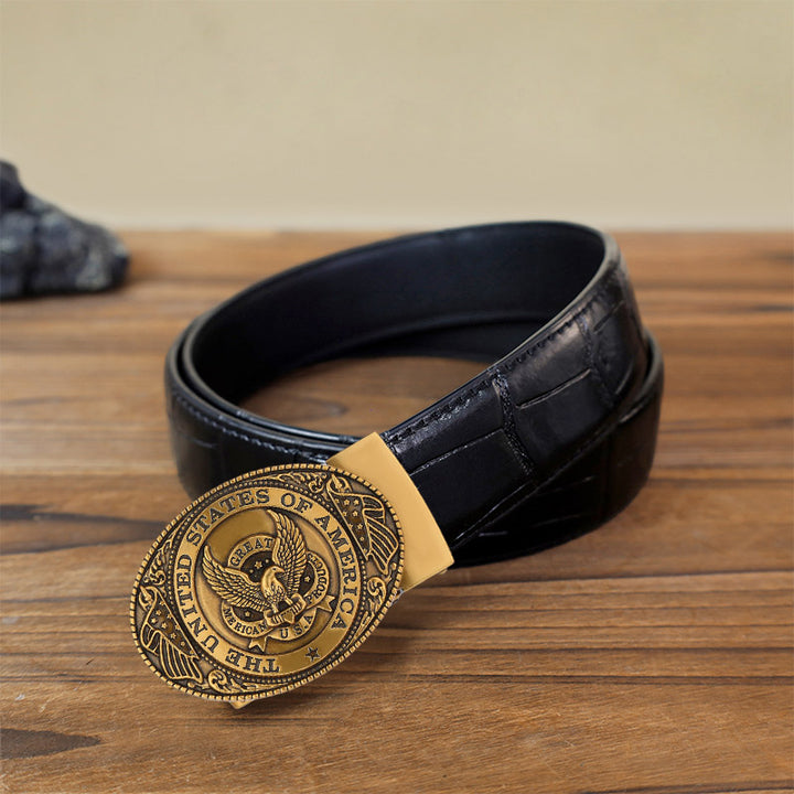Men's DIY USA Eagle Flag Automatic Buckle Leather Belt - Antique Bronze - Black Crocodile Pattern Belt (40) - image 12