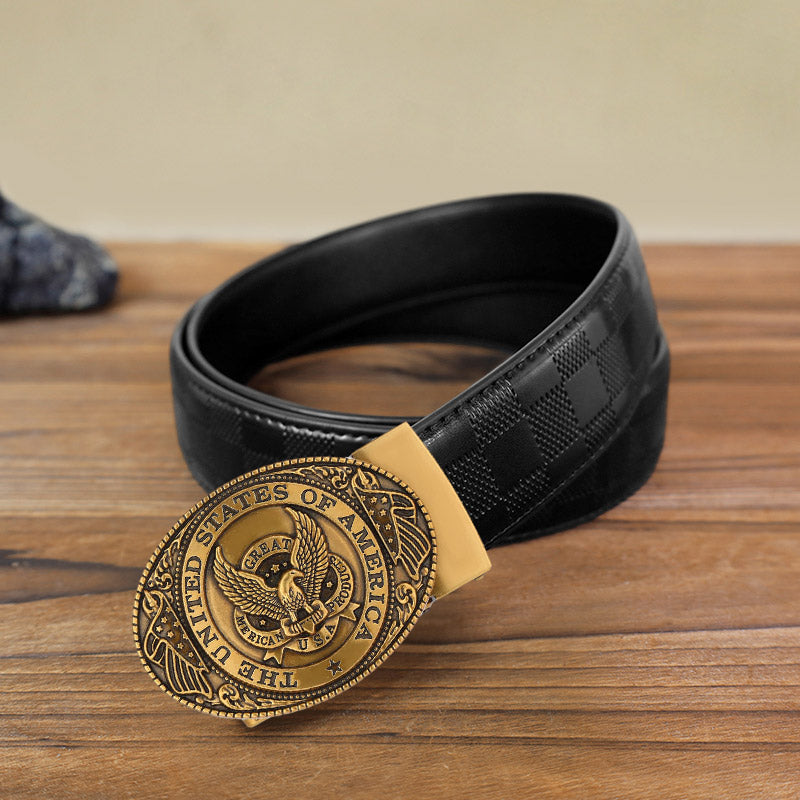 Men's DIY USA Eagle Flag Automatic Buckle Leather Belt - Antique Bronze - Black Checked Pattern Belt (40) - image 16