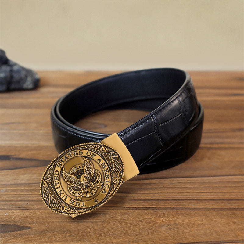 Men's DIY USA Eagle Flag Automatic Buckle Leather Belt - Antique Bronze - Black Crocodile Pattern Belt (40) - image 12