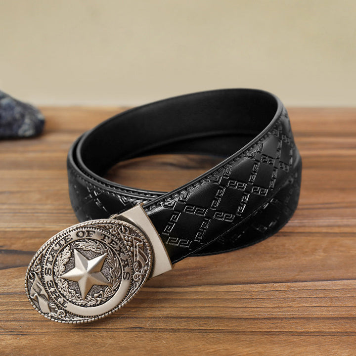 Men's DIY Texas Pentagram Automatic Buckle Leather Belt - Antique Silver - Black Diamond Pattern Belt (40) - image 5