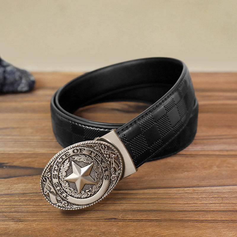 Men's DIY Texas Pentagram Automatic Buckle Leather Belt - Antique Silver - Black Checked Pattern Belt (40) - image 8