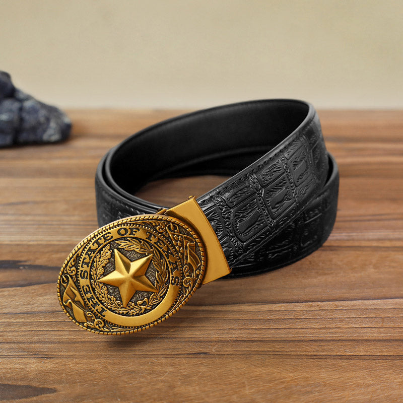 Men's DIY Texas Pentagram Automatic Buckle Leather Belt - Antique Bronze - Black Snake Pattern Belt (40) - image 15