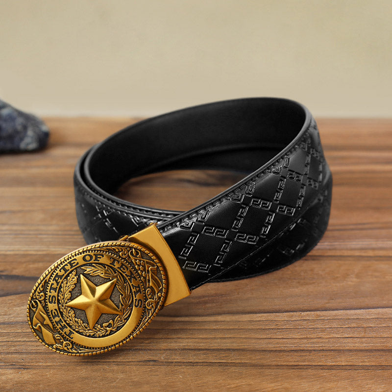 Men's DIY Texas Pentagram Automatic Buckle Leather Belt - Antique Bronze - Black Diamond Pattern Belt (40) - image 14